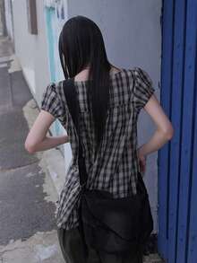 韩版百搭宽松时尚格子荷叶边花瓣袖衬衫 - 綠色 - 查看 2