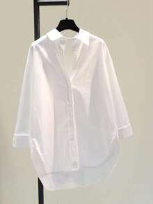 大码女式常规长度衬衫领上衣，落肩长袖，纽扣装饰不对称下摆，白色，春季款 - 白色 - 查看 1