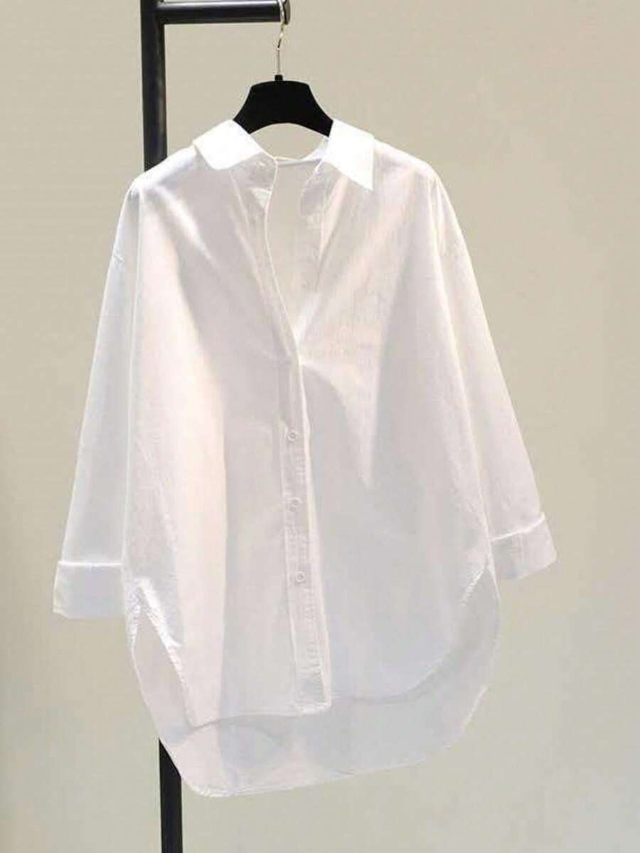 大码女式常规长度衬衫领上衣，落肩长袖，纽扣装饰不对称下摆，白色，春季款 - 白色 - 查看 1