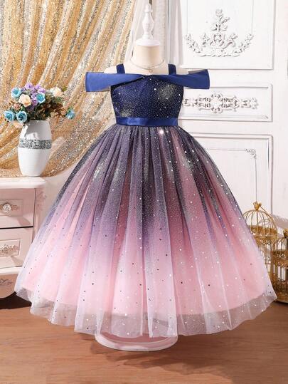 Đầm dự tiệc bằng vải satin đính sequin cao cấp, sang trọng dành cho bé gái, thích hợp cho đám cưới, lễ kỷ niệm, tiệc sinh nhật và các buổi biểu diễn.