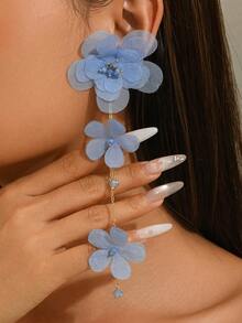 1 Pair Elegant Fabric Flower Long Earrings, Suitable For Daily Wear (Bead Color Random) - Light Blue - E173A - View 2