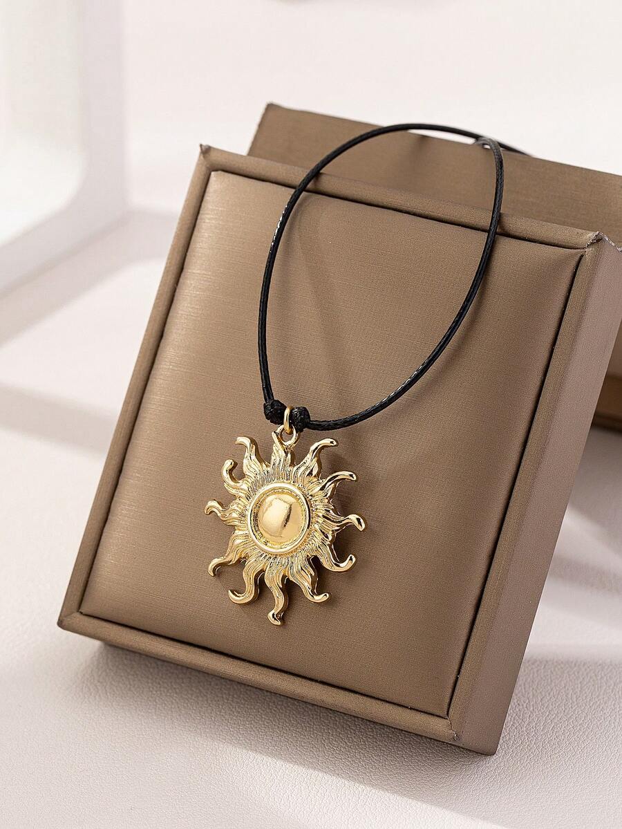 1 pieza Collar de cadena de serpiente de aleación de zinc asimétrico y geométrico hecho a mano - Collar con colgante de sol de cuerda negra - Ver 1