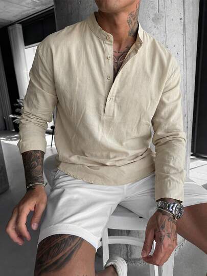 glestore 男士复古老钱风纯色卷袖立领半开襟衬衫 - 轻盈透气亨利衫，100%纯棉，四季皆宜，百搭休闲衬衫，夏季男装