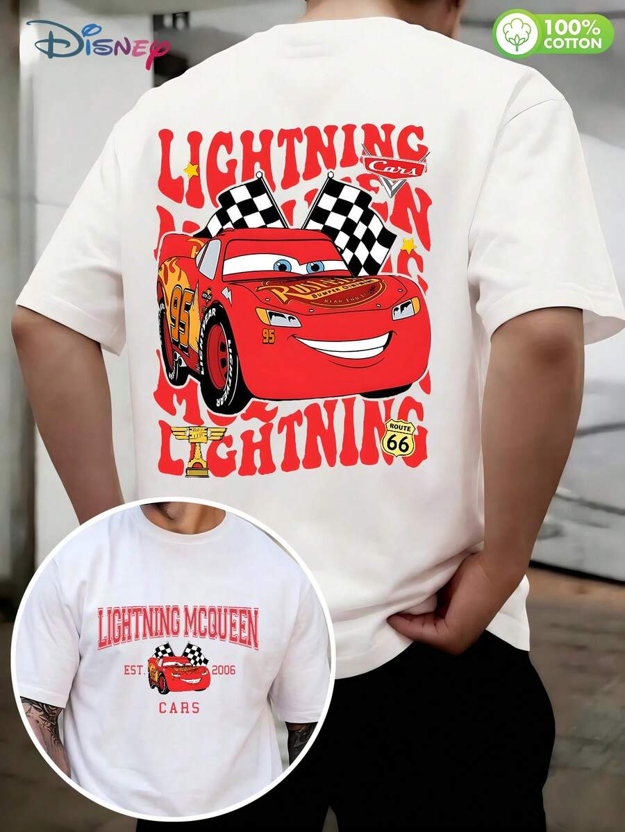 Disney Men's 100% Cotton Lightning McQueen "Rust-Eze" Retro Casual T - Shirt - 白色 - 查看 1