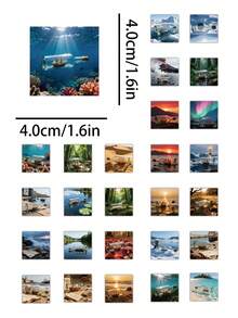 54张瓶中船风景贴纸 – 逼真治愈系全球景观，方形PVC防水，适用于手机壳、水瓶、笔记本电脑、日记本、行李箱和杯子装饰，文具用品，剪贴簿用品，桌面配件，剪贴簿 - 漂流瓶 - 查看 7
