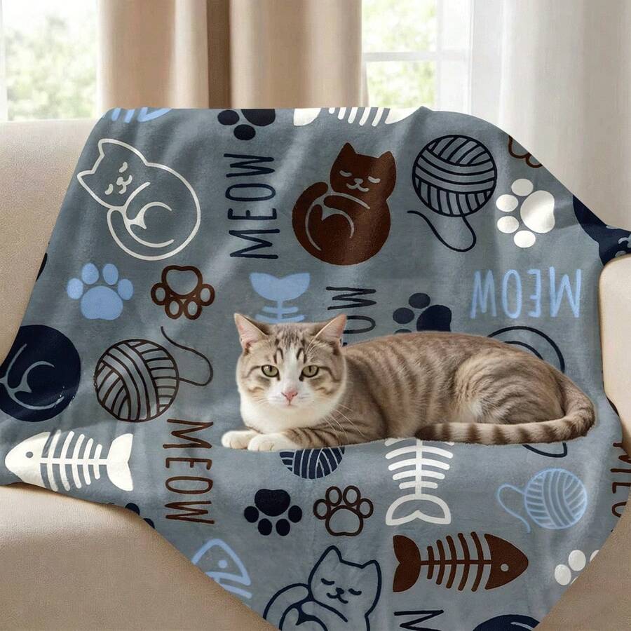 Soft & Cozy Cat Fish Bone Print Throw Blanket, Warm Pet Fleece Blanket, Home Decor Gift For Cat Lovers, Suitable For Cats, Dogs And Other Pets - 130*150cm - View 1