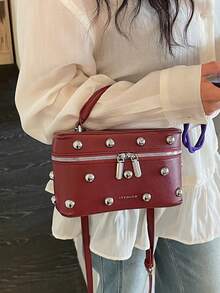 BEIKAMU 1件装时尚纯色PU方形包，铆钉装饰拉链封口，多功能女士方包手提包，可调节肩带斜挎包，适合大学、通勤、购物、散步、日常使用 - 酒紅色 - 查看 2