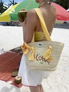Summer Straw Bag, Women's Beach Bag, Handwoven Tote Bag With Vintage Lemon Embroidery Pattern, Suitable For Vacation, Beach Travel. This Fashionable Beach Bag For Women Features Lightweight, Stylish, And Durable Design, Perfect For Vacation, Date, Work, Party, Shopping, Evening Party, Travel, Beach, And Daily Use. - Apricot - View 3