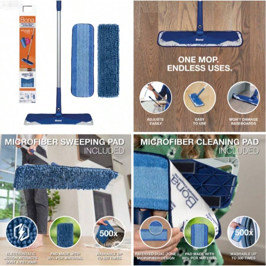 Bona Floor Mop Starter Kit - 2-In-1 Wet + Dry Floor Sweeping + Mopping: Metal Handle, Microfiber Pads, Grip Handle - 1 - 查看 1