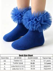 1 par de calcetines de malla con volantes esponjosos para niñas, calcetines de princesa con pliegues lindos, uso diario cómodo y transpirable - Azul - Ver 4