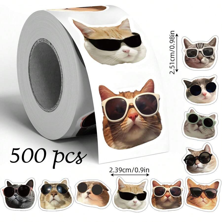 500pcs Cat Wearing Fashion Glasses Graffiti Roll Stickers, 1 Inch Asymmetrical Cartoon Cat, For Envelopes, Magazines, Phone Cases, First Day Of School - Multicolor - View 1