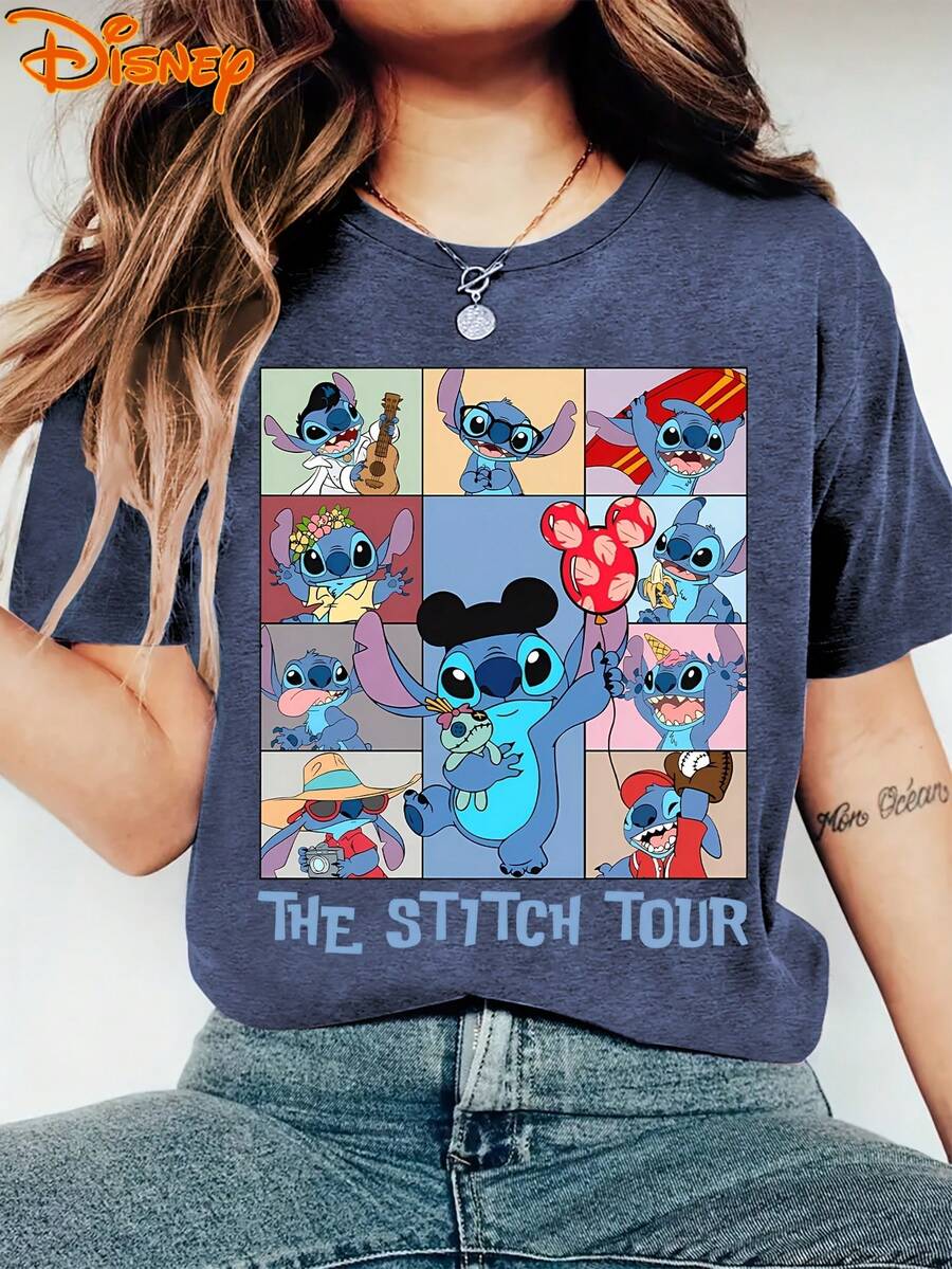(Authorized By Disney) Shi Diqi, The Core Character Of Star Baby, Is Designed With A 4*4 Nine-Grid Expression Pack, Presenting 10 Different Shapes (Playing Guitar, Wearing Glasses, Surfing, Spitting, Holding A Golden Statue, Etc.), With Shi Diqi Wearing Mickey Ears, Holding Mickey Balloons And Holding A Golden Statue In The Middle And The Retro Slogan "THE STITCH TOUR" Below, Which Is Suitable For Daily Wear And Shopping. It Is Also Suitable As A Beautiful Gift. Every Woman Should Have One. - Navy Blue - View 1