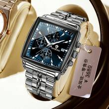 Square Men Chronograph Multifunction Watches Date For Male Clock Quartz Stainless Steel Band Wrist Watches Men  Fashion - Gold Blue - View 11