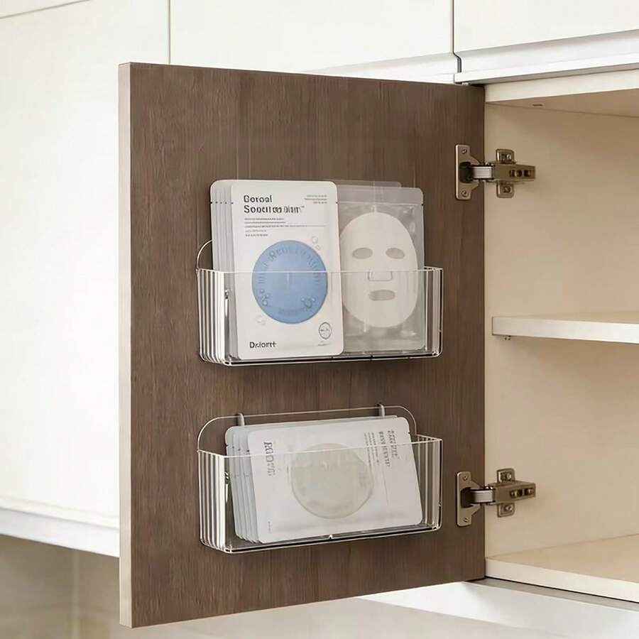 1pc Wall-Mounted Cosmetic Storage Box, Transparent Striped Storage Box, Wall-Mounted Design, Acrylic Transparent Material, Phone Holder - Clear - View 1