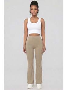 Women's Solid Color Rib Knit High Waisted Flare Pants For All Season Casual Basic Pants - Taupe - View 1