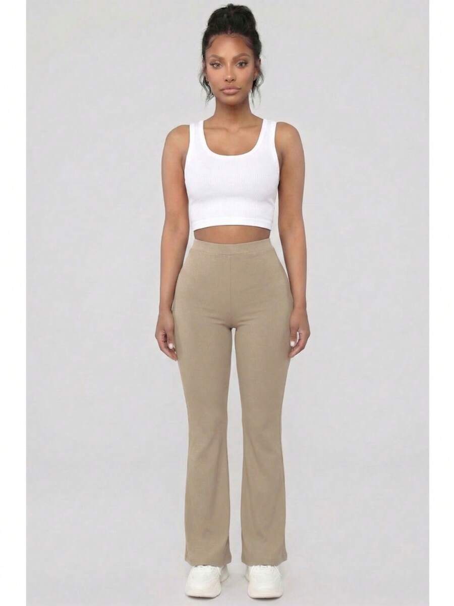 Women's Solid Color Rib Knit High Waisted Flare Pants For All Season Casual Basic Pants - Taupe - View 1