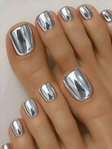 24pcs Short Square Toe Nail Tips, Minimalist Metallic Aurora Mirror Finish, High-End Versatile Nail Art Decor For Daily Wear And Parties, Glossy, Durable, Full Coverage - Multicolor - View 1