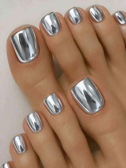24pcs Short Square Toe Nail Tips, Minimalist Metallic Aurora Mirror Finish, High-End Versatile Nail Art Decor For Daily Wear And Parties, Glossy, Durable, Full Coverage