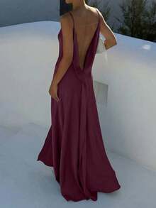 Women's Spaghetti Strap Ruffled Neck Backless A-Line Dress, Elegant Resort Dress, Afternoon Tea Party Dress Summer - Burgundy - View 3