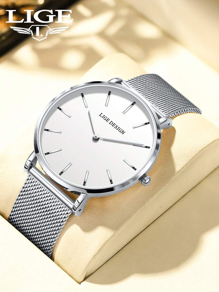 Đồng hồ nữ LIGE thời trang, thanh lịch, chống nước, mỏng, đa chức năng, mặt số tròn cổ điển, dây đeo thép không gỉ.