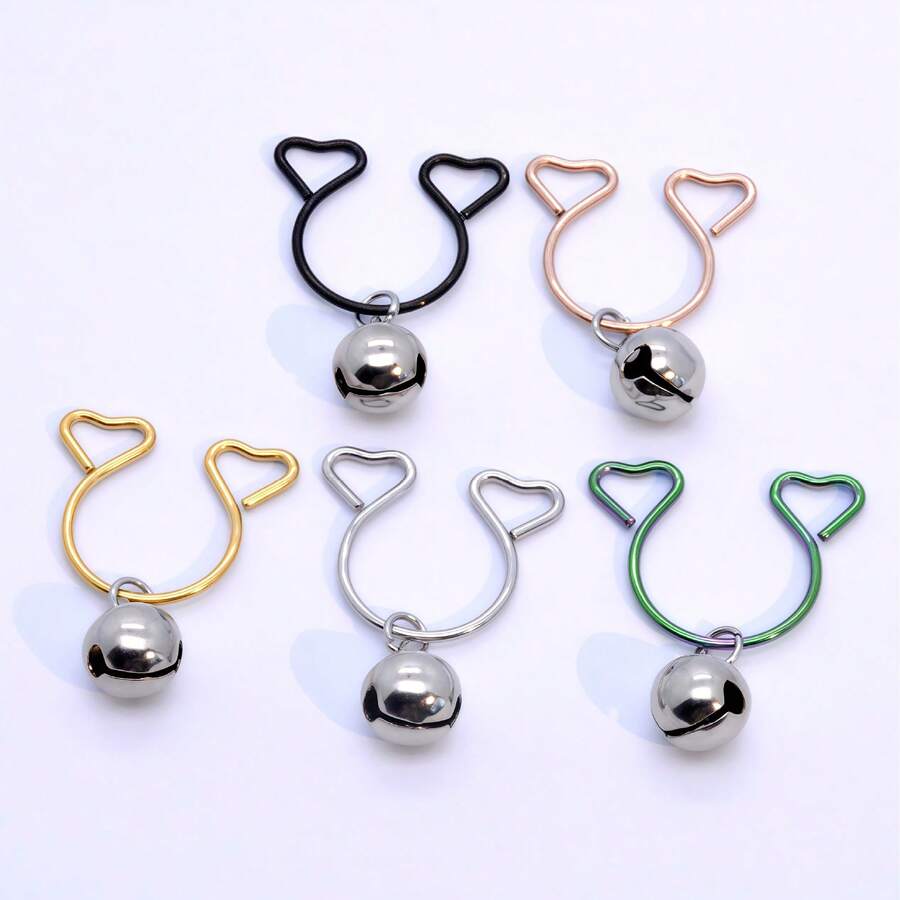5 chiếc / 1 bộ bông tai mặt dây chuyền hình trái tim đôi bằng thép không gỉ dành cho Ngày Valentine, sang trọng và thời trang, lãng mạn, khuyên ngực giả không cần xỏ lỗ, bộ khuyên ngực công nghiệp, trang sức xỏ khuyên - núm vú chuông - Xem 1