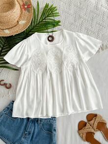 Rusttydustty Women's Bohemian Vacation Daily Vacation White Lace Trim Short Sleeve Blouse Summer - White - View 8