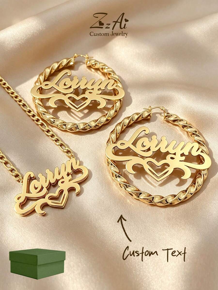 1 Set Customized Text Double-Layer Nameplate Necklace, Paired With Exaggerated Earrings, Filled With Love For Valentine's Day, 18K Gold Plated Stainless Steel Necklace, Deluxe Gift Box Packaging, Ideal Gift For Lover On Mother's Day And Valentine's Day,Jewellery For Ladies - Gold - View 1