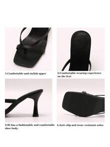 Women's High Heel Rhinestone Buckle Sandals, Summer Fairy Style Thin Heel Thong Slippers, Hair Slides Toe Beach Holiday Fashion Criss-Cross Strap Shoes - Black - View 8