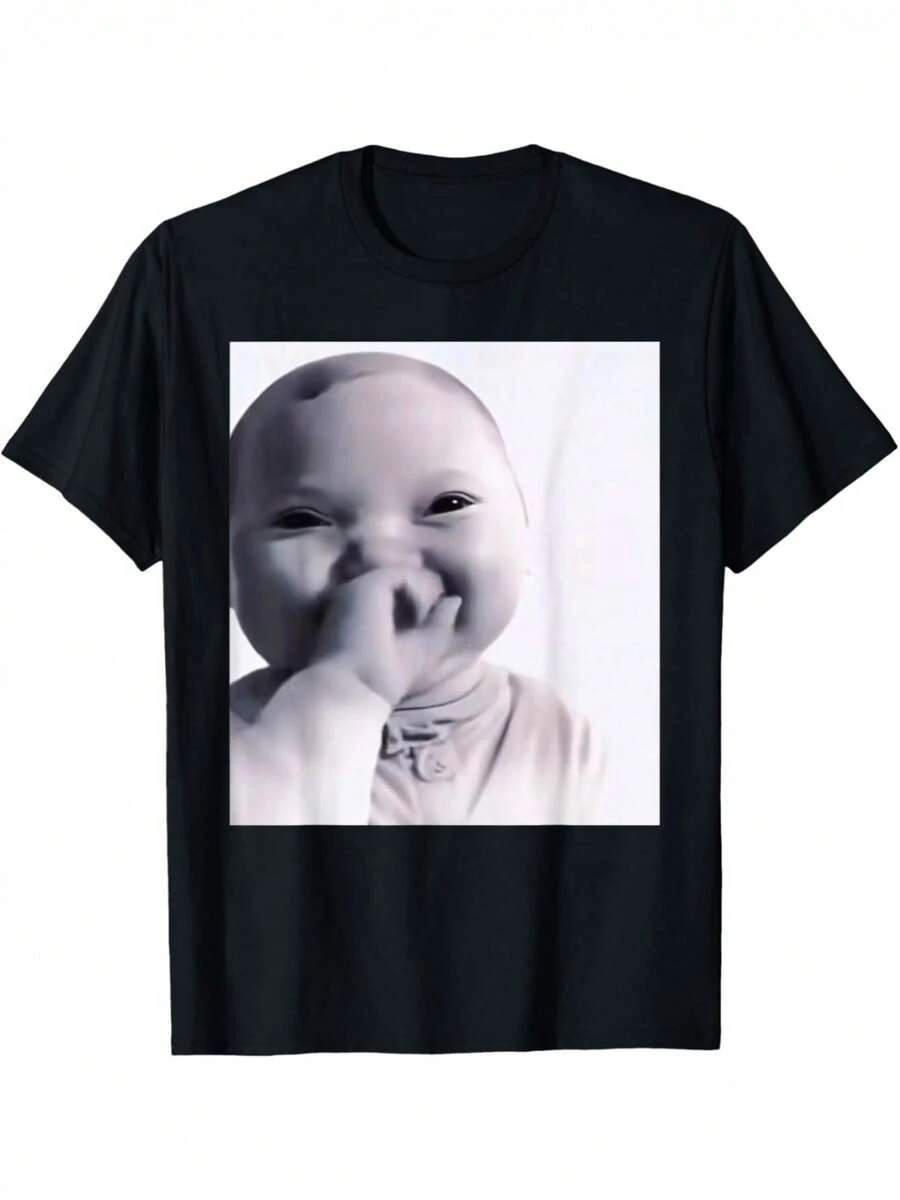 Funny Niche Baby Gen Z Meme AI Viral Giggling AI Laughing T-Shirt| Tops, Short Sleeve, Street Style, Comfort Tee, Casual Summer Tee, Must-Have Fashionable Tee, Crew Neck, All-Season, Regular Fit - 彩色 - 查看 1