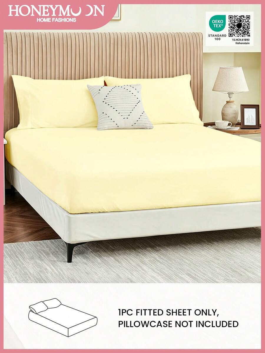 1pc Solid Color Fitted Sheet, Soft & Breathable, Elastic Corner Design, Deep Pocket Fits Up To 25cm Mattress, Suitable For Various Bed Sizes, Essential For Home & Dorm, Oeko-Tex Certified, Light Yellow - Light Yellow - View 1