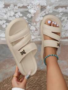 ASOFTER Fashionable Minimalist Cross Strap Thick Sole Sandals, Khaki Color Minimalist Letter Decor Outdoor Slippers, Suitable For Beach Vacation, Commuting And Multiple Occasions - Khaki - View 7