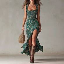 Women's Floral Print Ruffle Strap Maxi Dress, Smocked Bodycon Split Thigh Dress For Vacation - Printed Colors - View 2