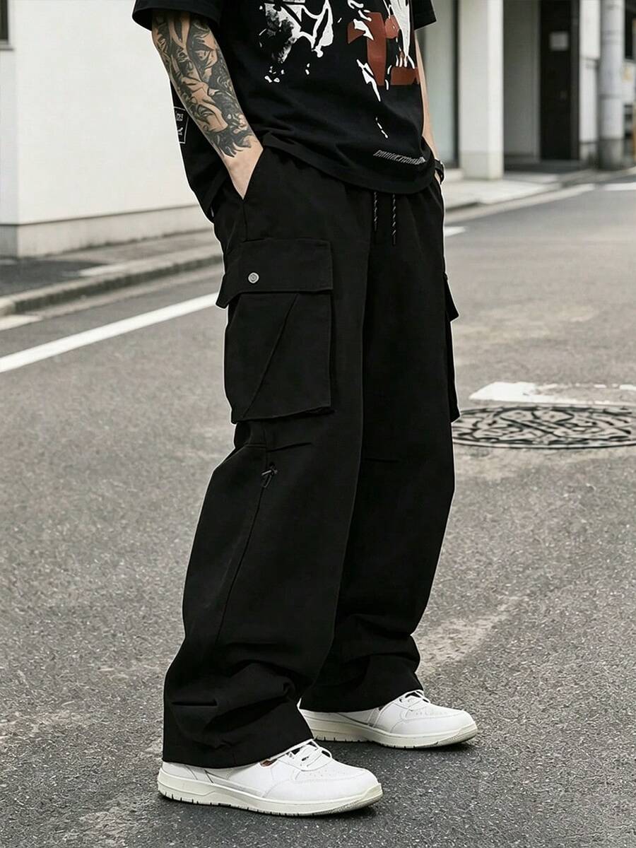 男士多口袋休闲户外运动裤，春秋季时尚工装裤 - 黑色 - 查看 1