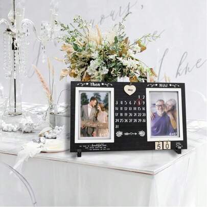 Khung ảnh kỷ niệm bằng gỗ tự làm, khung ảnh cưới, quà tặng ngày Valentine - Quà kỷ niệm quá khứ và hiện tại, kèm theo các tấm gỗ ghi tháng và số có thể thay đổi, khung ảnh kỷ niệm ngày cưới kiểu cổ điển, vừa hai ảnh 4x6 inch, màu đen và nâu.