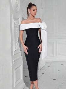 ADYCE Elegant And Fashionable Mid-Length Bandage Dress With Bow Shoulder Strap And Slit, Suitable For Ball, Birthday Party, Formal Dinner, Date, Homecoming, Wedding Guest, Cocktail Party, Family Gathering And Other Occasions - Black - View 5