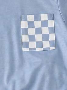 1 Set Infant Boy Minimalist Checkerboard Outfit, Lightweight Short Sleeve Round Neck Pocket T-Shirt + Matching Shorts, Casual/Outing/Home Refreshing Stylish Outfit, Spring/Summer - Blue - View 5