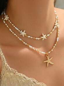 2pcs Vintage Bohemian Style Beaded Sea Star Pendant Double-Layer Necklace, Suitable For Women's Daily Wear, Party, Beach Vacation (Bead Colors & Quantities Random) - Multicolor - View 8