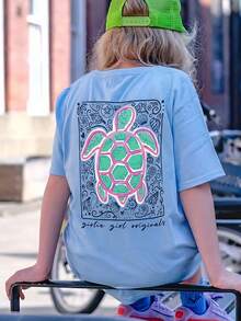 1pc Girls Teens Summer Ocean Themed Sea Turtle Print T-Shirt, Light Blue Shell & Seashell Doodle Pattern Short Sleeve, Loose Casual Vacation Wear - Baby Blue - View 1