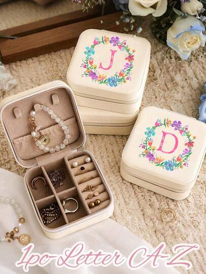 High Aesthetic And Fresh Floral Letter Printed Jewelry Box, Mini Portable, Jewelry Box, Jewelry Storage Box, Portable Jewelry Box, Travel Jewelry Box, Mini Jewelry Box, Zipper Jewelry Box, Can Classify And Store Various Types Of Jewelry Such As Necklaces, Earrings, Rings, Bracelets, Etc., For Travel, Daily Commuting, Home Storage, Portable, Gift Giving And Personal Use, Preferred Gift Giving, For Girlfriends, Girlfriends, Birthday Gifts, Mother's Day Gifts