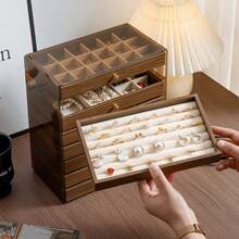 Caja de joyería con textura de nuez, organizador de joyería con estilo de cajón de varias capas, estante de almacenamiento a prueba de polvo, bandeja de exhibición de joyería de terciopelo de lujo y alta gama, bandeja de almacenamiento de diseño de joyería para collares, caja para aretes y anillos, gran capacidad - Marrón - View 8