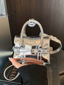 New Double-Clip Belt Glossy Mini Bag, Cute Punk Motorcycle Fashion Handbag, Crossbody Bag For Teenagers, Lipstick Pouch Mini Accessory Bag - Silver - View 5