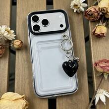 Compatible con iPhone 17/17 Pro/17 Pro Max/16/15/14/13/12/11 Series, 1 pieza Estuche protector de teléfono con ranura para tarjeta + cordón con forma de corazón, Cobertura completa anti-caída, Adecuado para iPhone 17 Pro Max - Negro - Ver 9