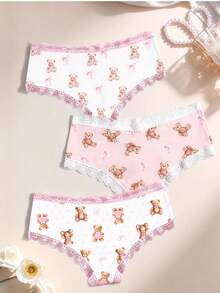 Aesletic 3pcs/Set Polka Dot Bow & Bear Print Lace Trim Comfortable Cute Women's Panty Set, Pink - Multicolor - View 2