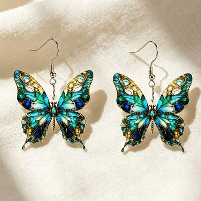 Bông tai mặt dây chuyền hình bướm xanh độc đáo 2D, thiết kế phẳng in trên acrylic, phù hợp để đeo hàng ngày và dự tiệc, món quà tinh tế.