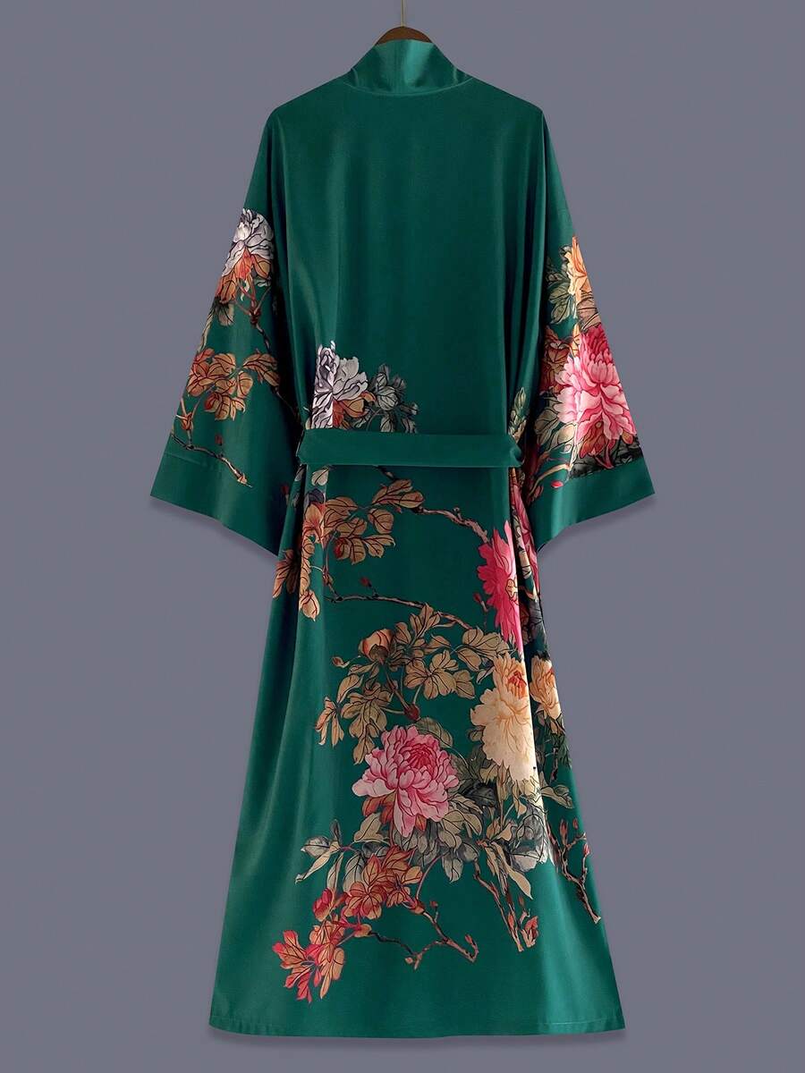 Japanese Style Rose Floral Print Mid-Length 3/4 Sleeve Kimono Cover Up Thin Outerwear For Women, European And American Elegant Party, Street, Casual, Beach, Resort Wear, Lightweight Robe, Bathrobe, Dress - Green - View 1