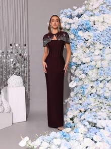 奢华水钻装饰修身披肩及长款连衣裙两件套，正式伴娘礼服，适合婚礼、宴会、派对等场合 - 咖啡棕 - 查看 6