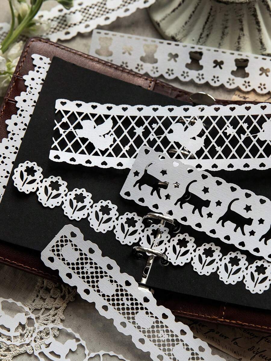 10 Hojas/Paquete Papel de Material de Encaje Hueco Vintage, Papel Decorativo DIY para Tarjetas y Manualidades de Scrapbook - Aventura de encaje - Ver 1