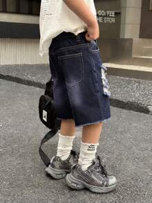 Boys' Casual Straight Leg Denim Shorts, Fashion Campus Style Streetwear - Dark Wash - View 5