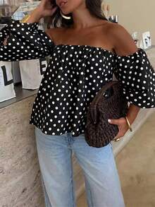 Off-Shoulder Short Sleeve Polka Dot Loose Casual Summer Beach Tops - Black - View 7