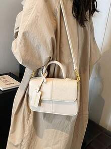 Winter New Classic Versatile Women's Suede Bag, Patchwork Fabric Design Burgundy Bag, Letter Pattern Decor Handbag, Square Bag And Shoulder Bag Suitable For Shopping, Parties And Dates - White - View 5